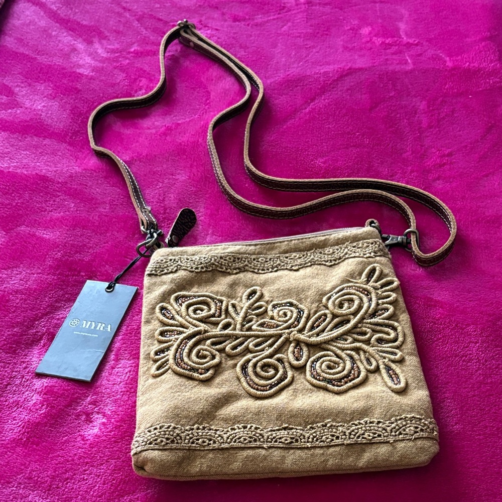 Myra Bag Embroidered Suede Crossbody in Tan